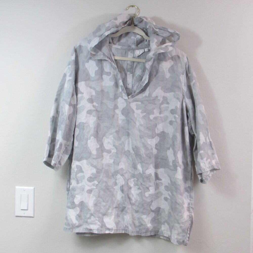 C&C California Gray Camo 100% Linen 3/4 Sleeve Relaxed Fit Hoodie Tunic Size 1X